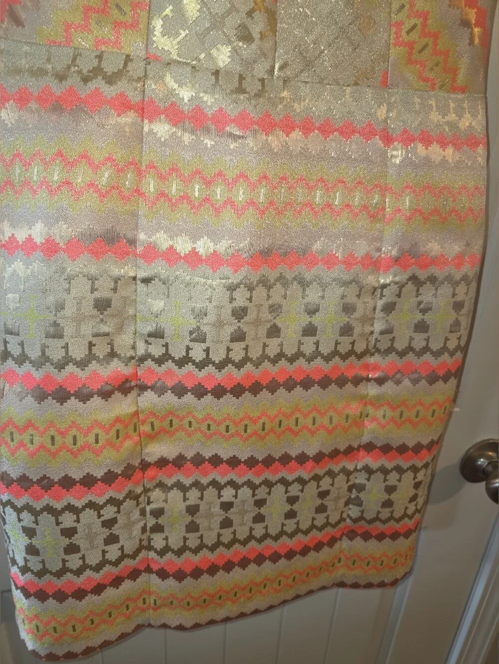 Minuet Gold Metallic Chevron Sheath Dress with Coral Accents NWT Medium